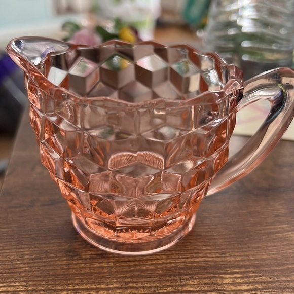 1930's Pink Depression Glass Cubist Jeanette Mid Century MCM Sugar Creamer - Picture 2 of 7